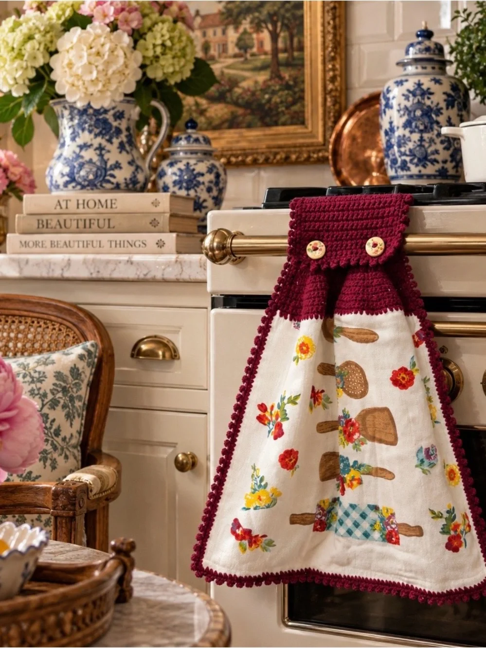Handmade Crochet Hanging Kitchen Towel Burgundy Floral Utensils